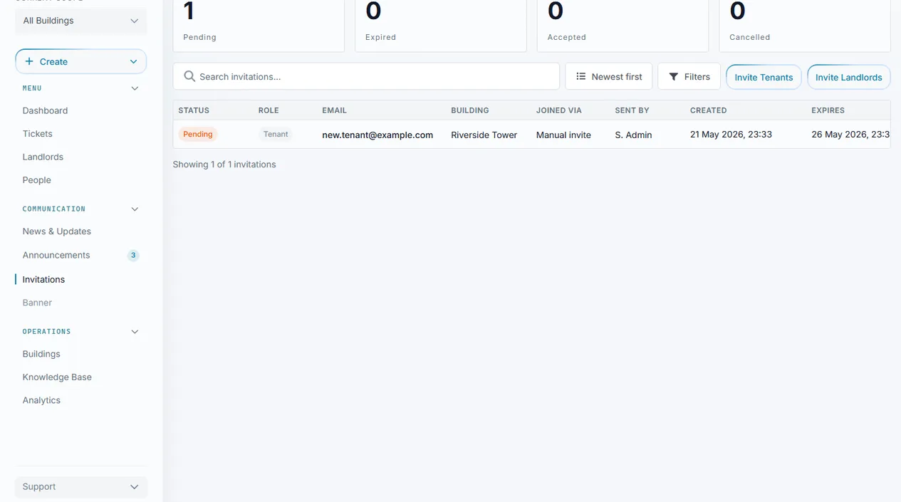 Sicket Invitations page for adding tenants and reviewing building-scoped invitations
