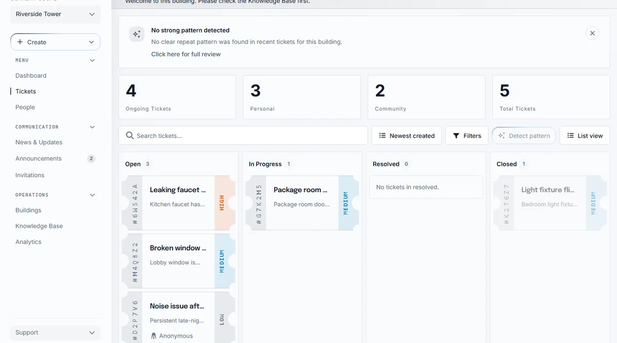 Sicket landlord ticket overview for an assigned building with ticket controls and building-scoped navigation