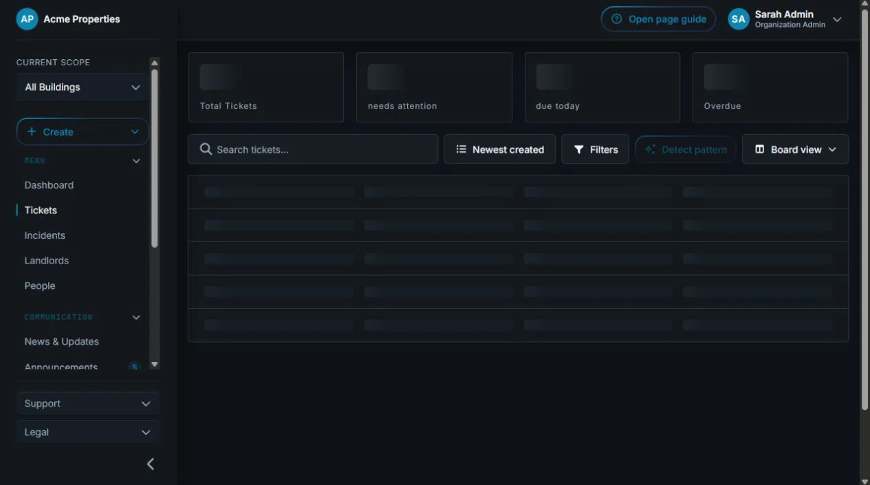 Sicket maintenance ticket board grouped into open, in-progress, resolved, and closed columns
