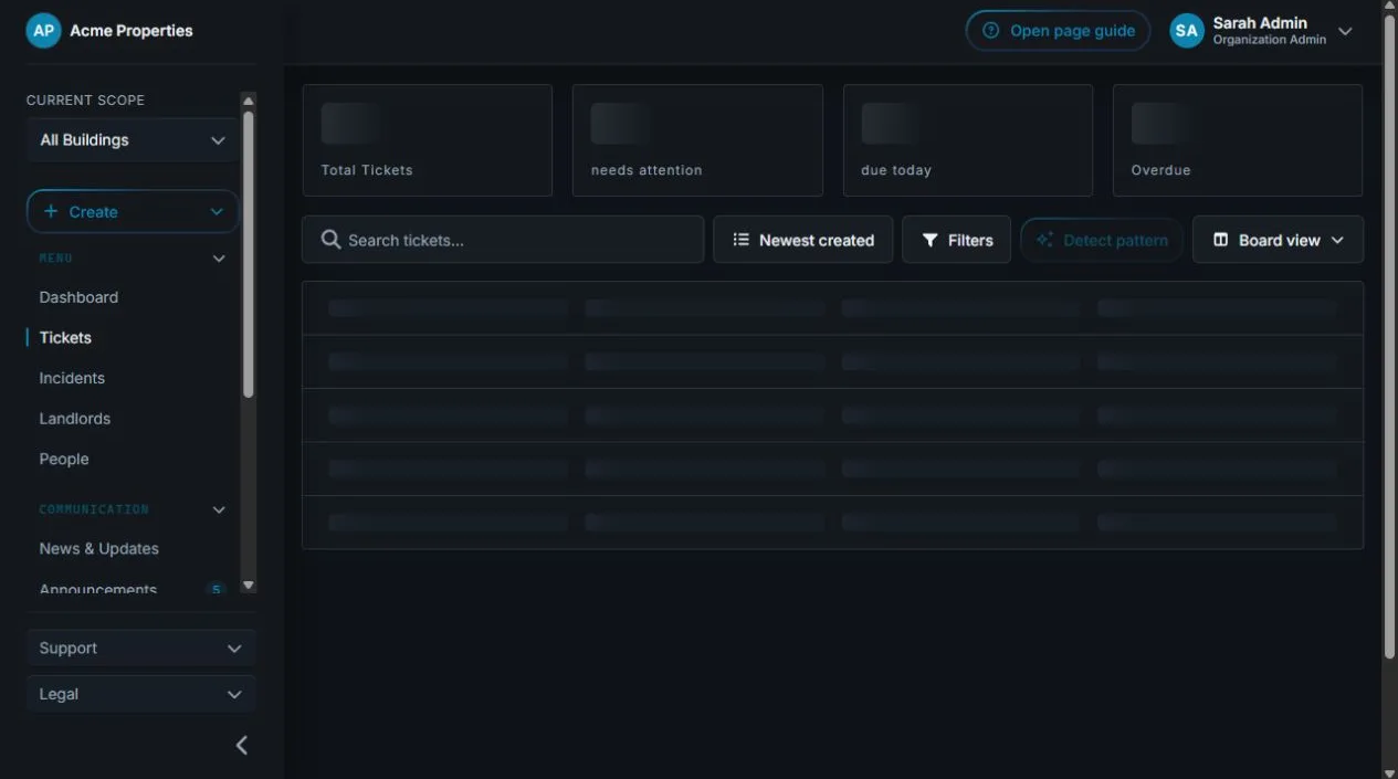 Sicket maintenance ticket board grouped into open, in-progress, resolved, and closed columns