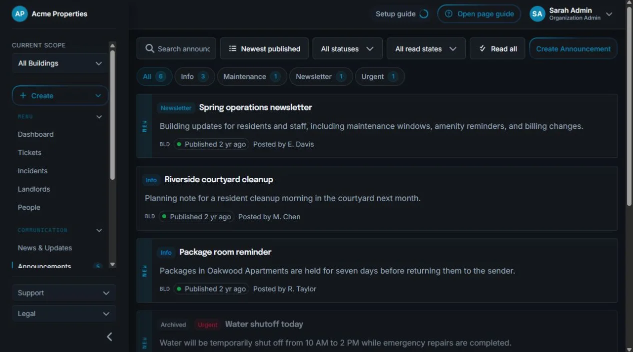 Sicket announcements overview showing scheduled, published, draft, and expired building communications