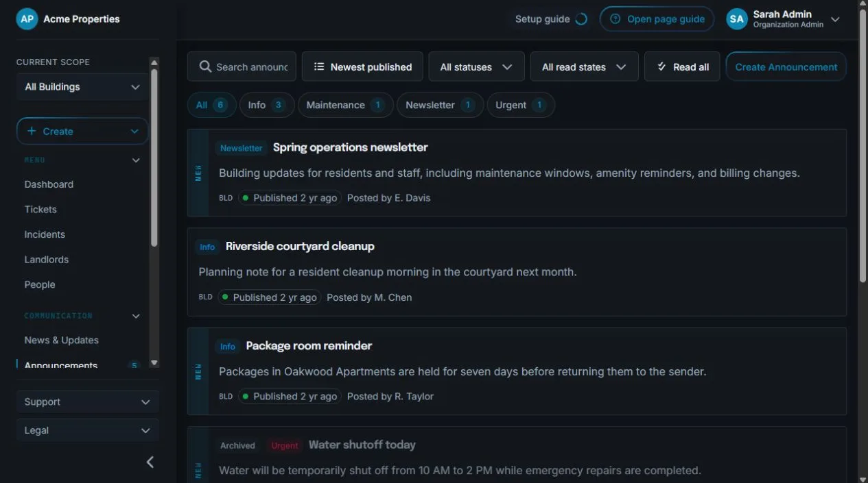 Sicket announcements overview showing scheduled, published, draft, and expired building communications