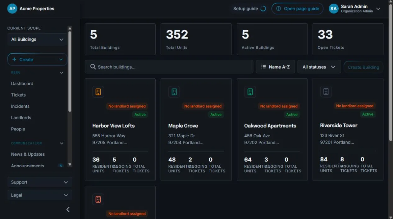 Sicket buildings overview showing building status, addresses, unit totals, and open ticket counts