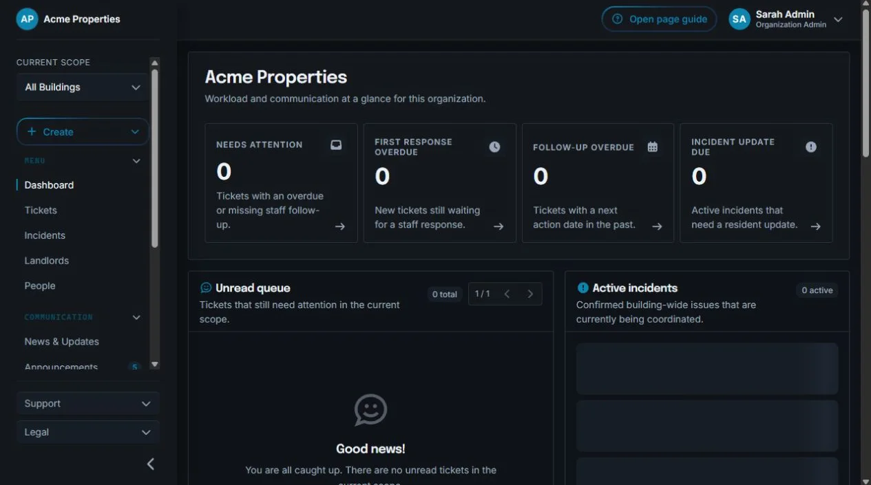 Sicket organization dashboard showing ticket attention metrics, resident news, live announcements, incidents, and buildings