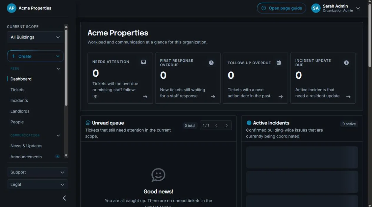 Sicket organization dashboard showing ticket attention metrics, resident news, live announcements, incidents, and buildings