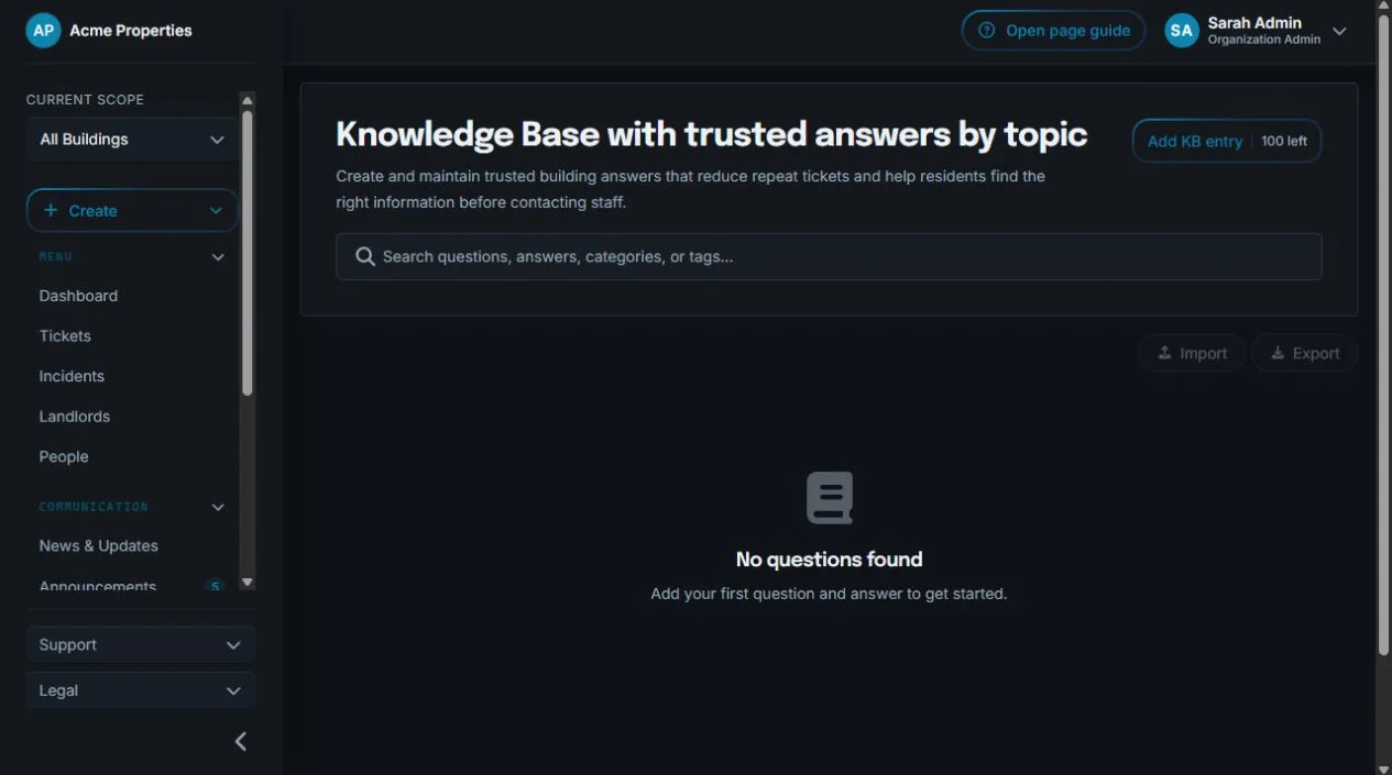 Sicket knowledge base showing published resident guidance organized by category and building scope
