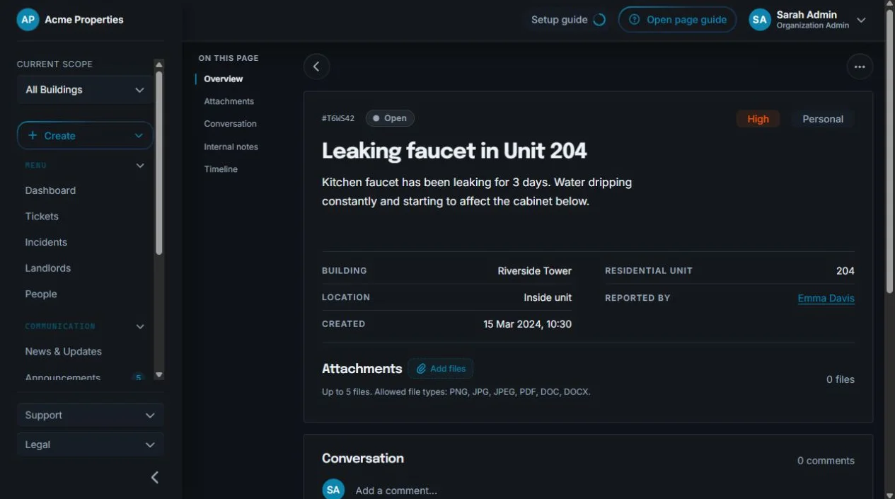 Sicket ticket detail showing a leaking faucet repair request, status, priority, building, unit, and reporter