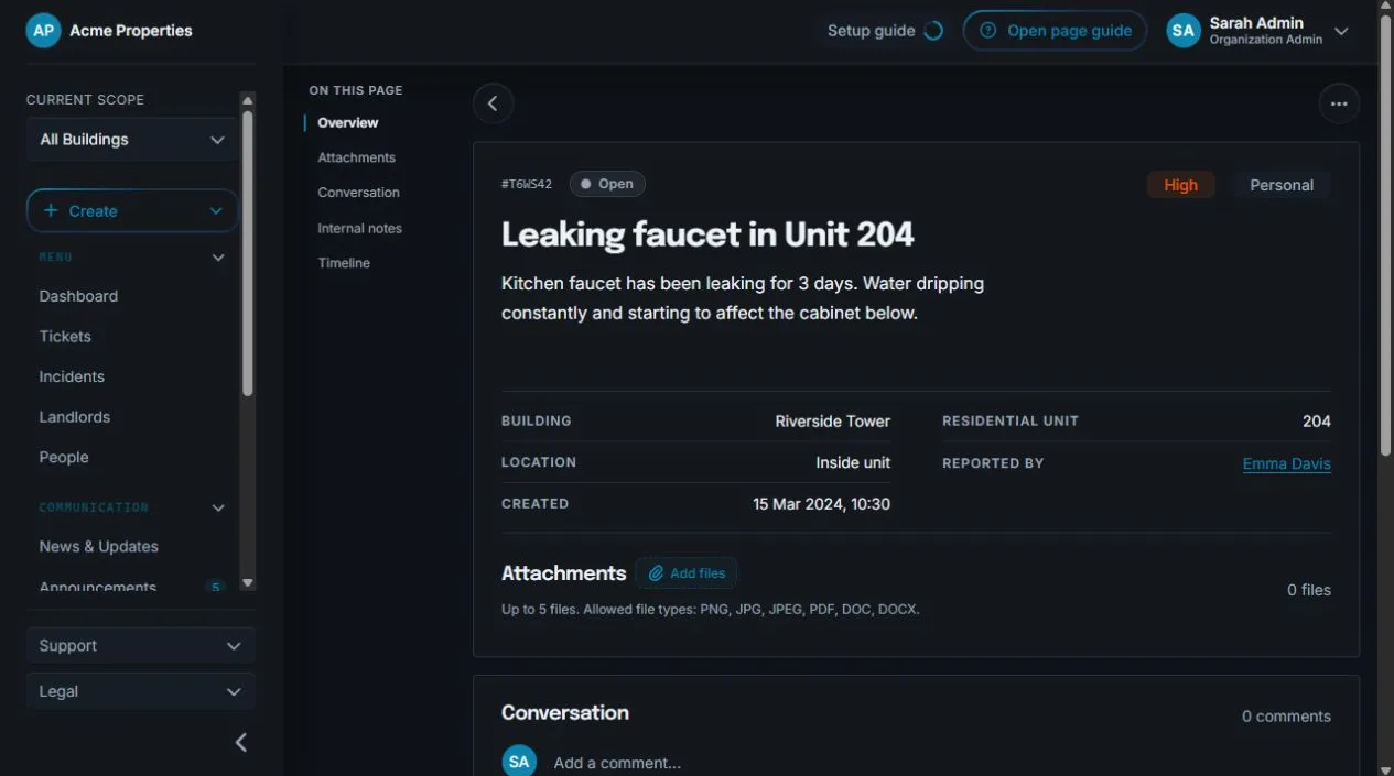 Sicket ticket detail showing a leaking faucet repair request, status, priority, building, unit, and reporter