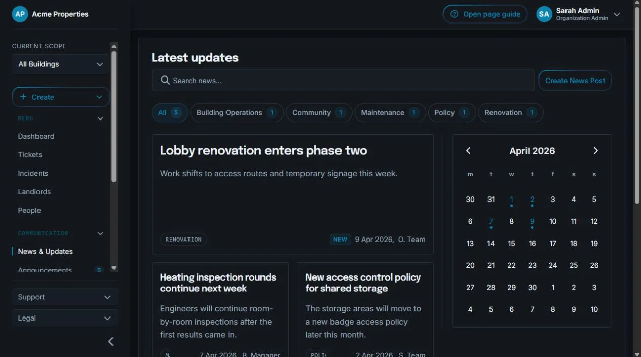 Sicket News and Updates overview with building-scoped articles, publication status, and email delivery options