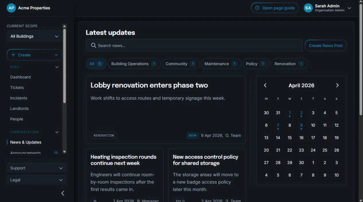 Sicket News and Updates overview with building-scoped articles, publication status, and email delivery options
